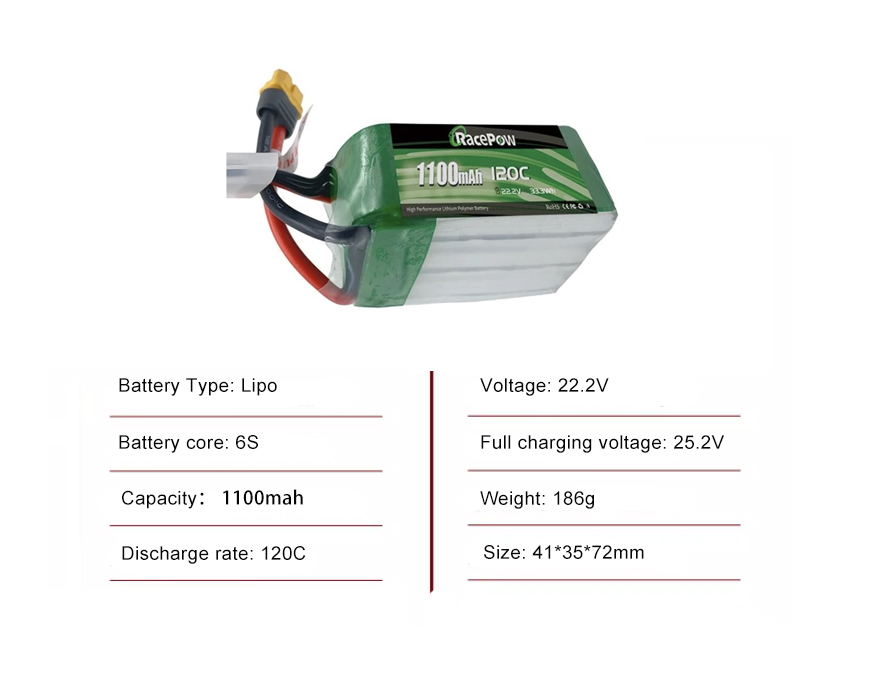 Lithium-polymer batteries (Li-polymer) is rechargeable batteries that are lighter than cadmium batteries and hydrogen batteries and can provide longer endurance for FPV drones. The notable features of our company's lithium polymer batteries are high discharge rate and high safety. Using the XT60 plug, it can handle high current output very well. Its current carrying capacity can range from 50A to 120A, which can meet the needs of most drones. We provide a variety of FPV batteries with different discharge rates, voltages and capacities, and accept OEM customization.