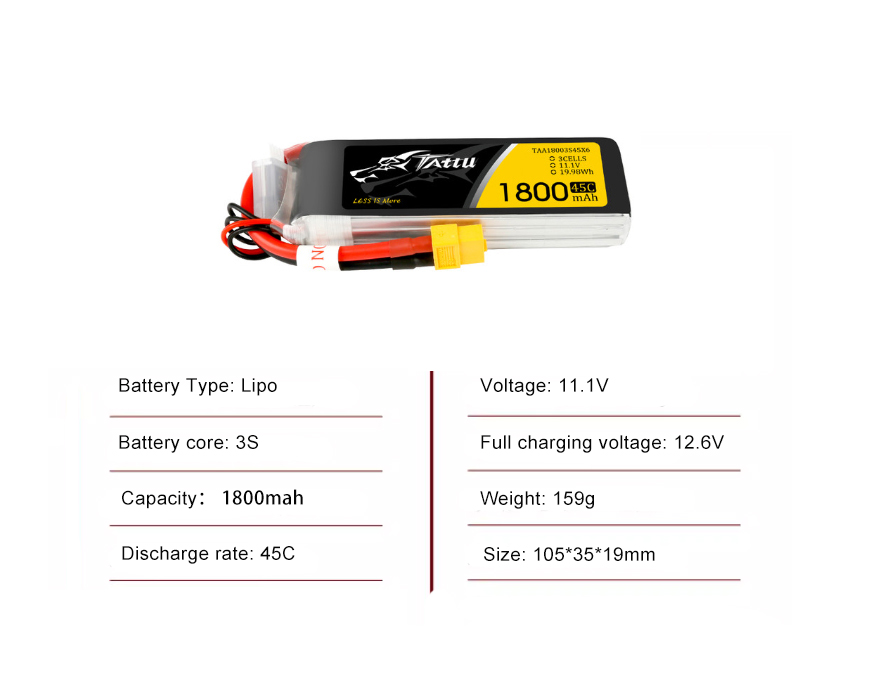 Tattu FPV drone battery 1800mAh 3S 45C 11.1V With XT60 Plug