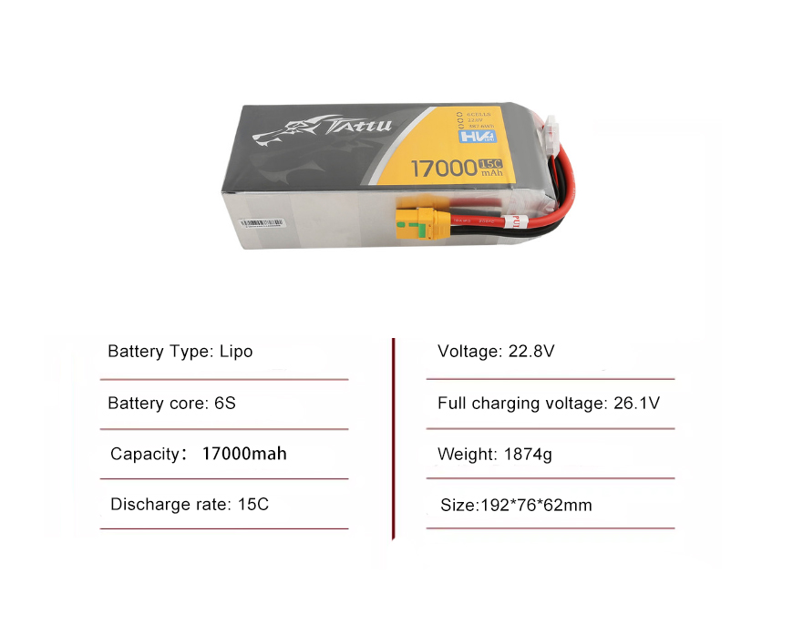 Tattu Drone Battery 6S 17000mAh 15C 22.8V with XT90-S Plug