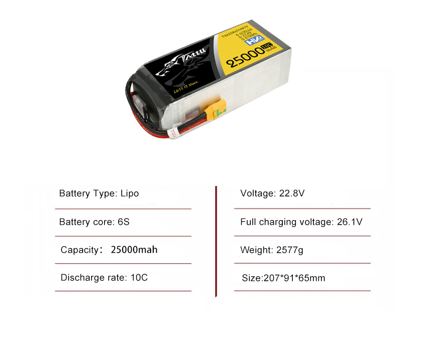 Tattu Drone Battery 6S 25000mAh 10C 22.8V with XT90-S Plug